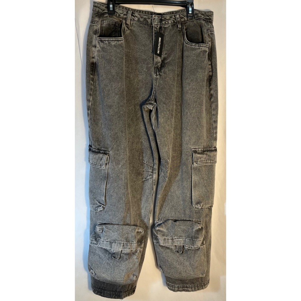 Pretty Little Thing Washed Black Denim Wide Leg Boyfriend Fit Cargo Jeans Sz 10 - Picture 5 of 16